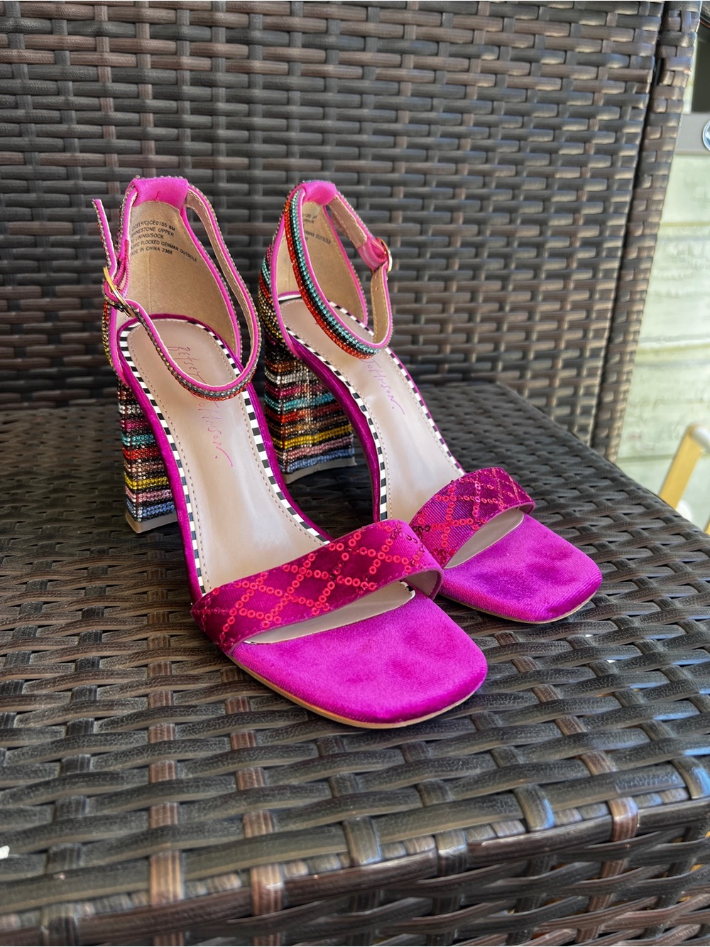 Bright Fuchsia Betsey Johnson Block Heel Sandals with Striped Rhinestone Heel